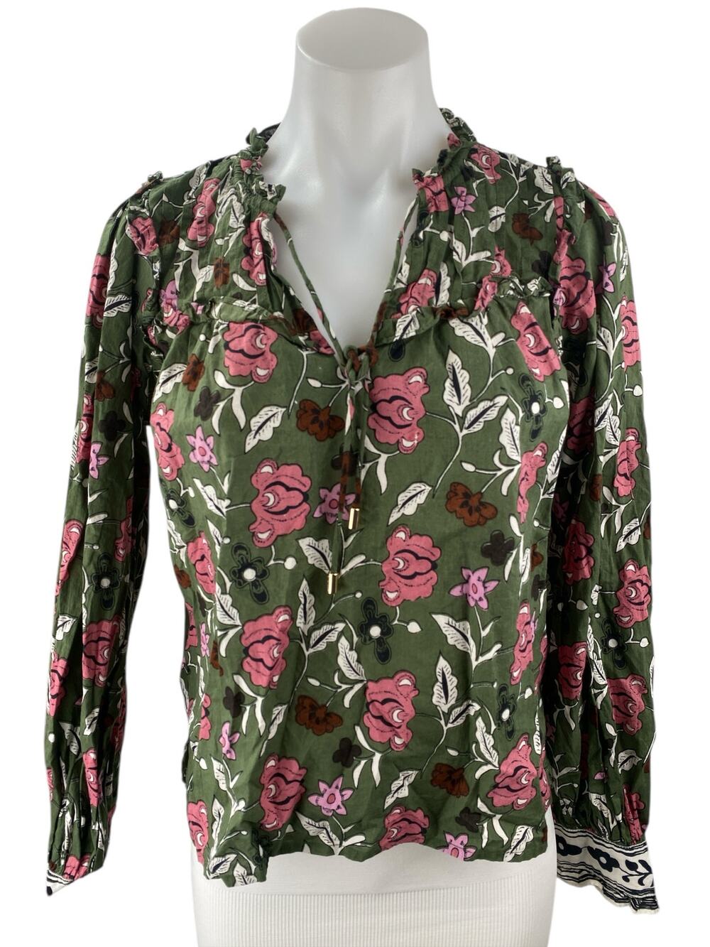 Cleobella Women;s Multicolor Floral Print Tie V-Neck Long Sleeve Blouse Top S